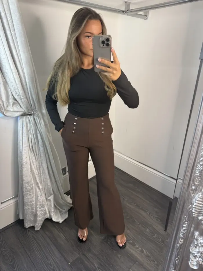 brown suit trousres silver buttons