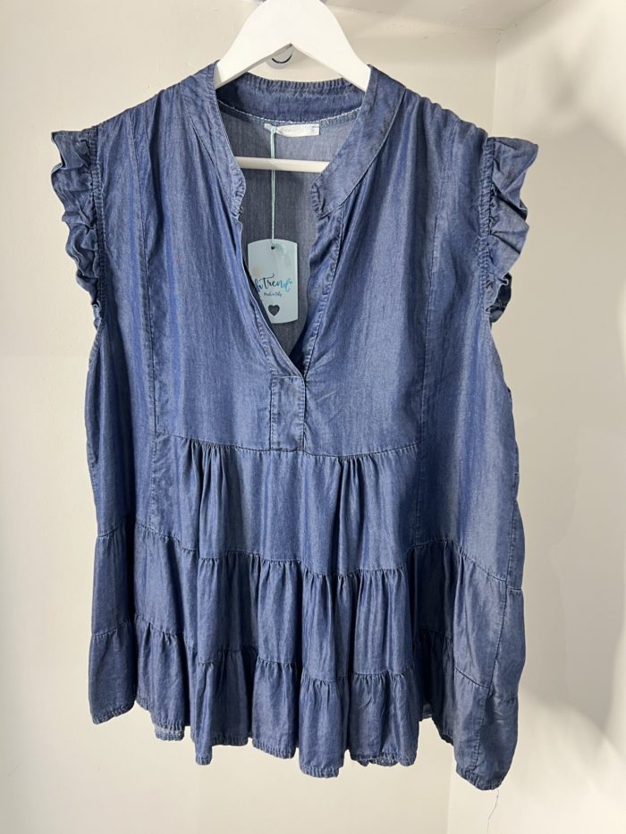 Dark Denim Tunic Top With Grandad Style Collar - Image 2