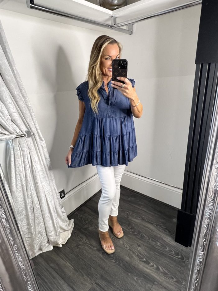 Dark Denim Tunic Top With Grandad Style Collar