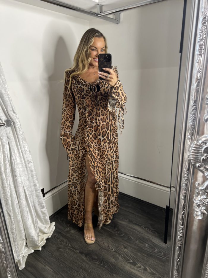Leopard Ruffle Slit Long Sleeve Dress