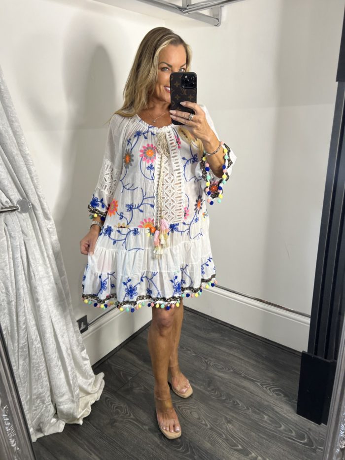 Embroidered Floral And Pom Pom Detail Tunic Dress