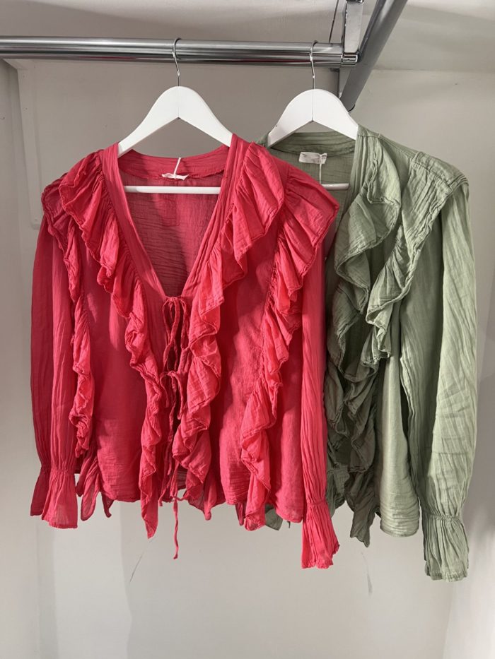 100% Cotton Ruffle Detail Blouse With Three Tie Detail - Image 3