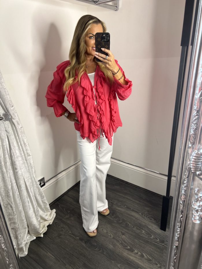100% Cotton Ruffle Detail Blouse With Three Tie Detail