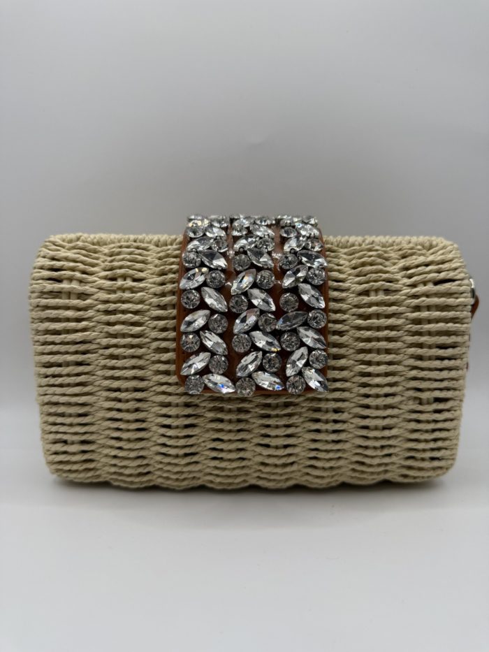 Cream Woven Diamante Clutch Bag