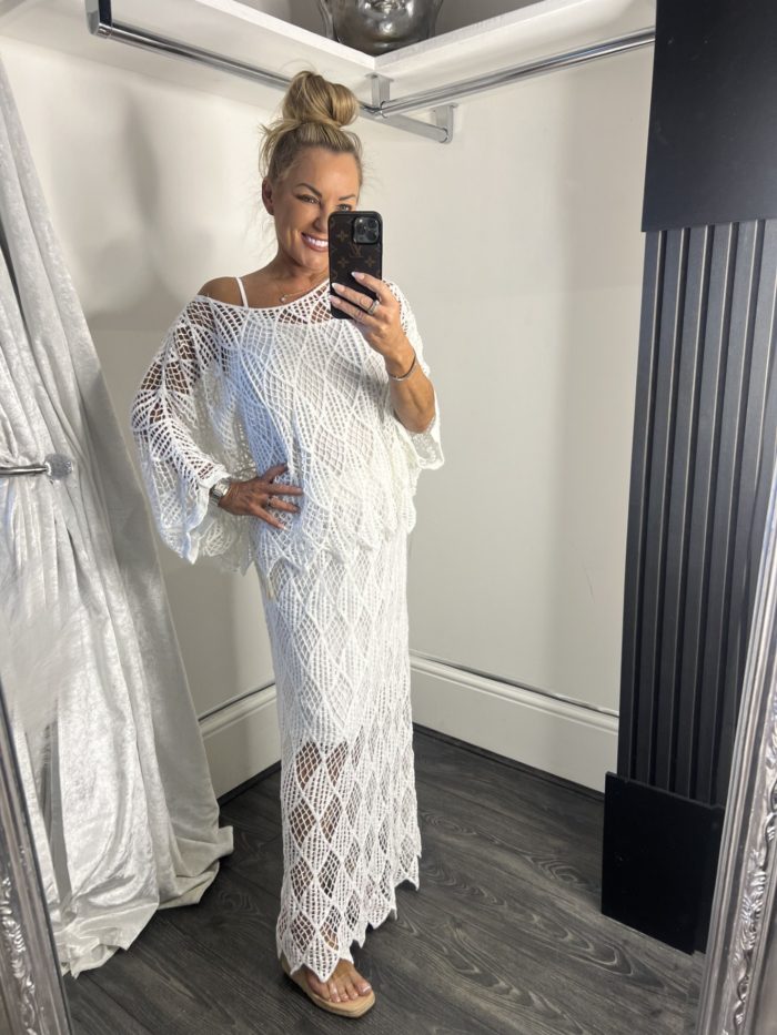 Diamond Cut Crochet Batwing Style Top With Vest Insert and Longline Skirt