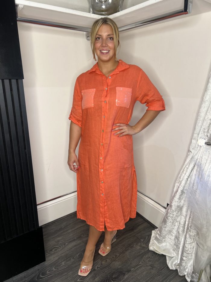Linen Shirt Dress With Sequin Detail - Image 11