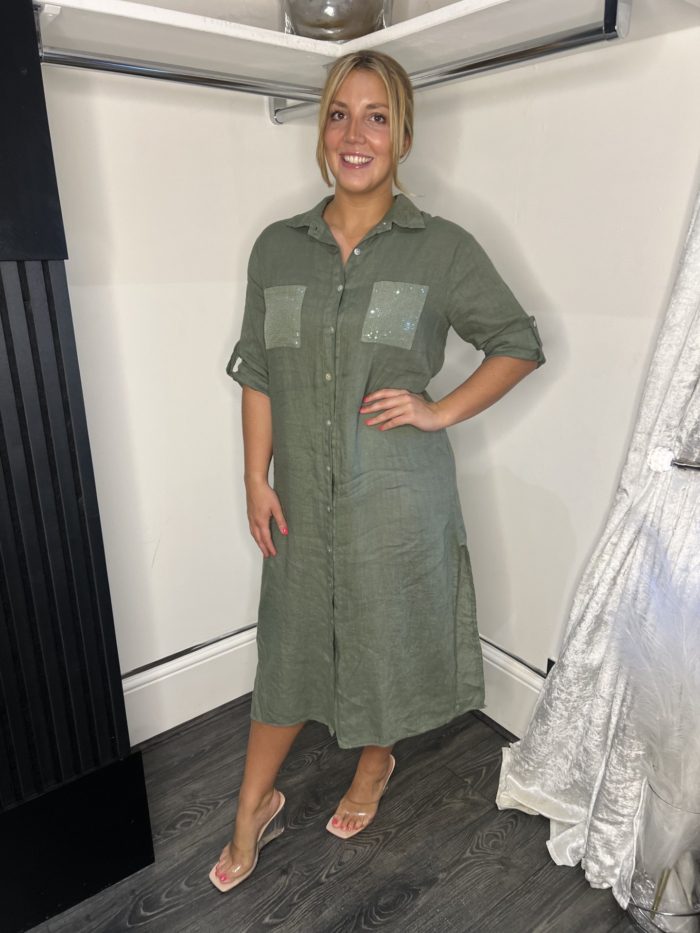 Linen Shirt Dress With Sequin Detail - Image 5