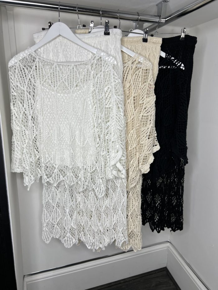 Diamond Cut Crochet Batwing Style Top With Vest Insert and Longline Skirt - Image 5