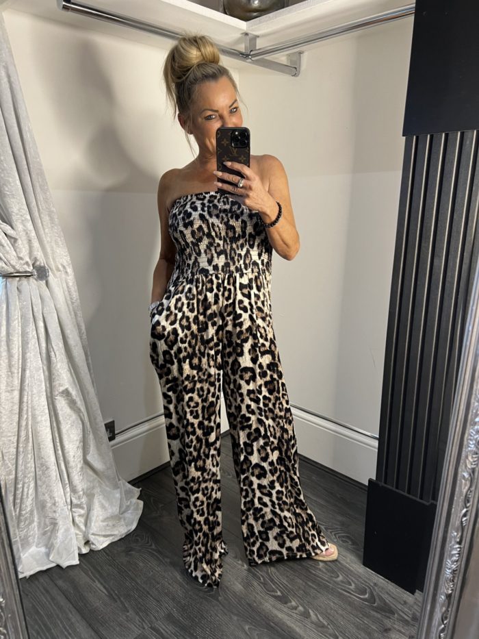 Satin Feel Leopard Print Jumpsuit With Pocket Detail