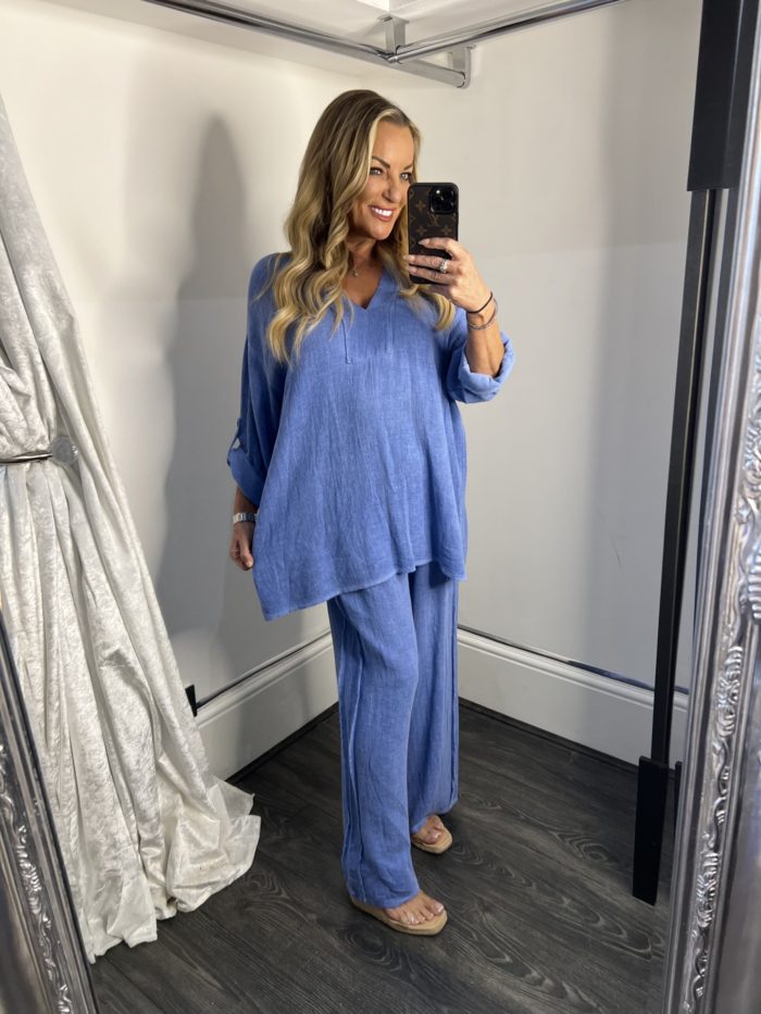 Cotton/Linen Mix V Neck Top and Wide Leg Trouser Set