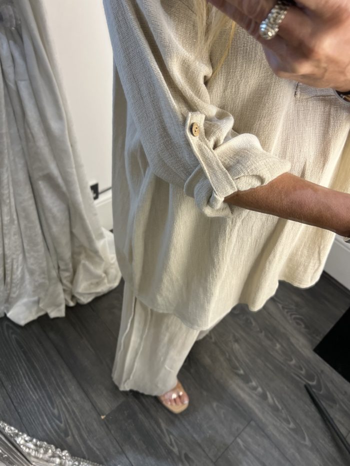 Cotton/Linen Mix V Neck Top and Wide Leg Trouser Set - Image 4