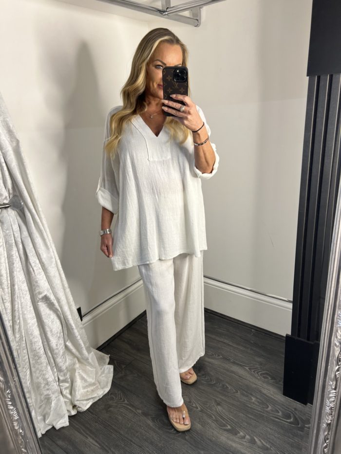 Cotton/Linen Mix V Neck Top and Wide Leg Trouser Set - Image 6