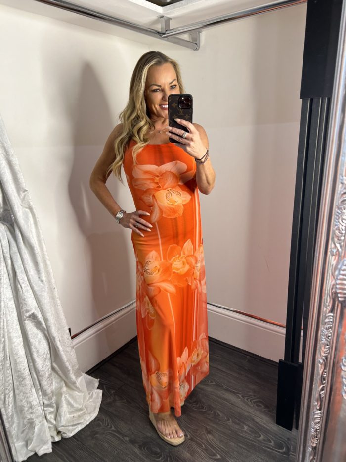 Mesh Floral Design Fitted Maxi Dress - Image 3