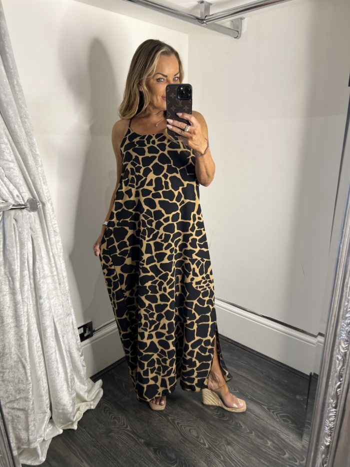 Satin Feel Giraffe Print Maxi With Double Side Split Detail
