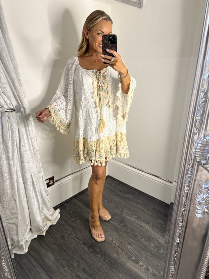 Lace Tunic Dress With Pom Pom Detail