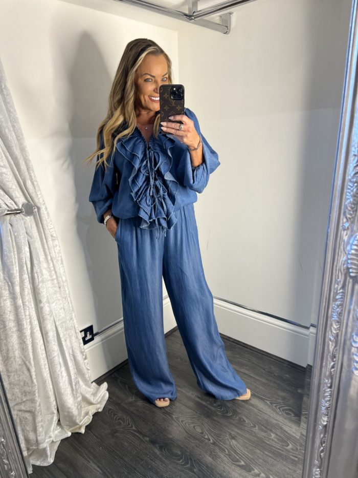Denim Look Ruffled Blouse and Wide Leg Trouser Set