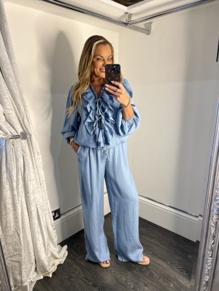 Denim Look Ruffled Blouse and Wide Leg Trouser Set - Image 3
