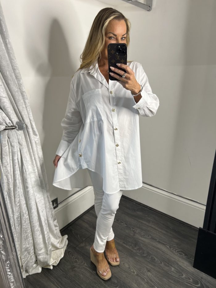 White Oversized Shirt With Gold Nugget Button Detail