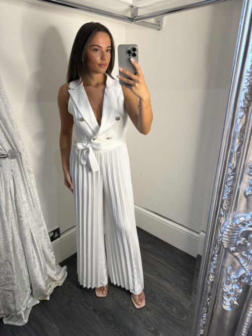 white pleated trouser jumpsuit