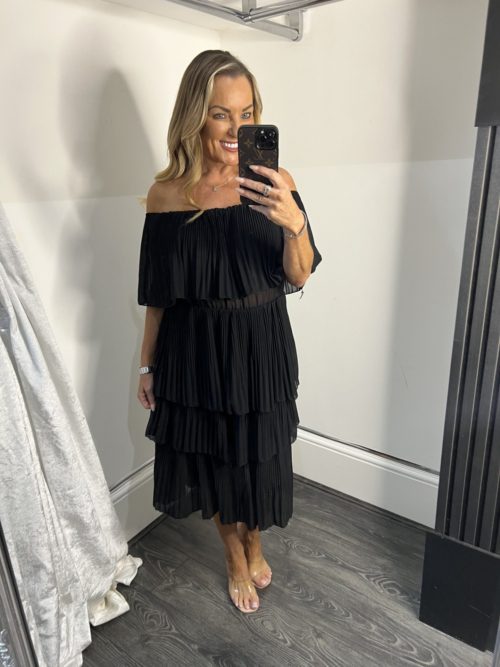 black ruffle pleqted dress