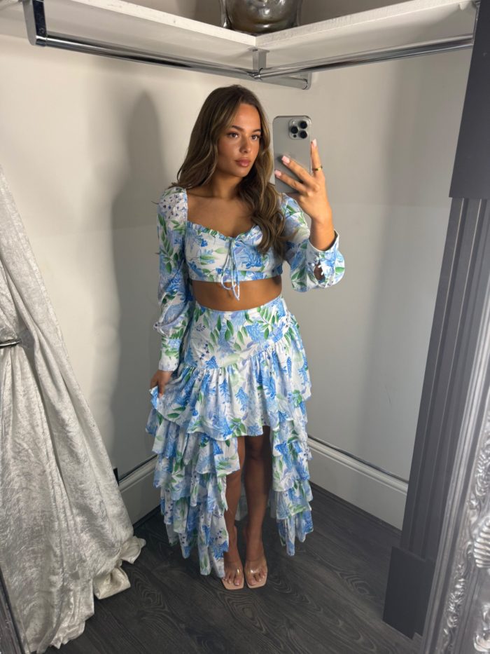 Baby Blue Floral Cropped Top With Waterfall Skirt