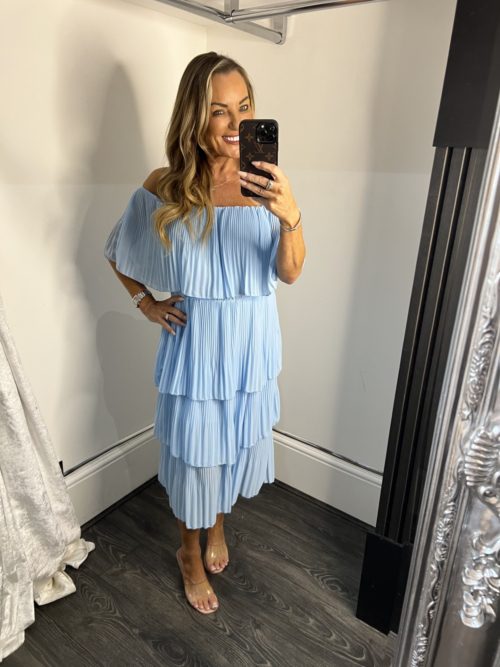 blue pleated dress