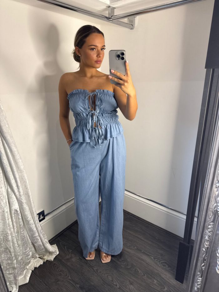 Denim Look Bandeau Top With Tie Detail & Wide Leg Trouser Set