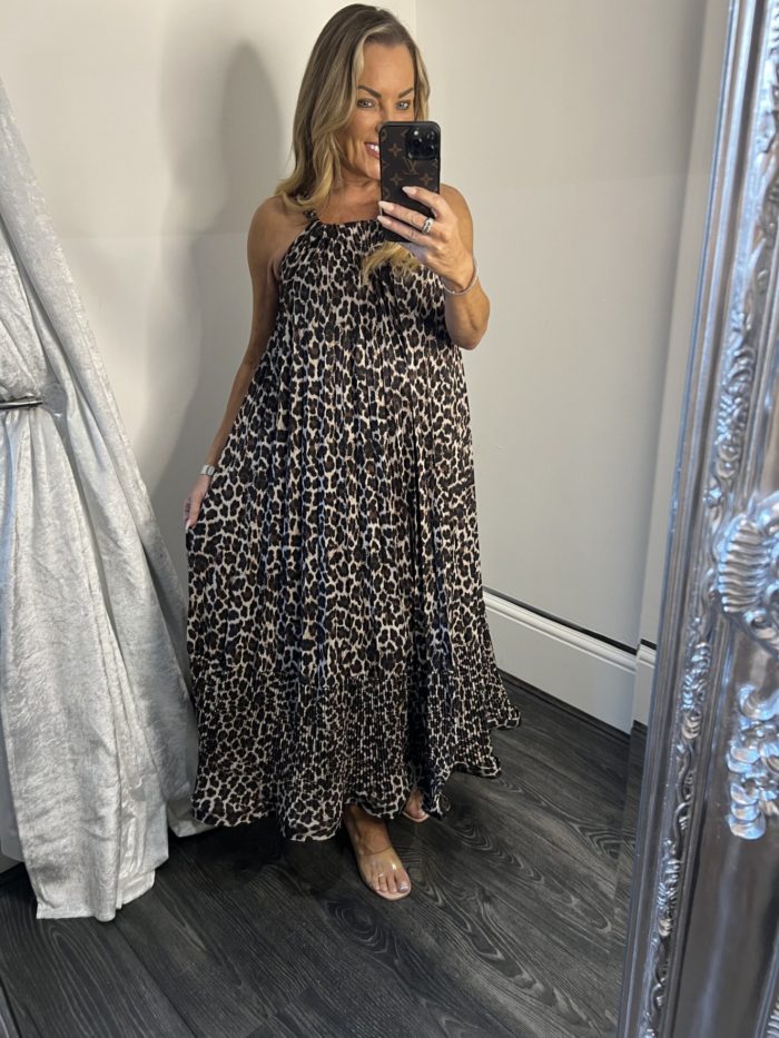 Satin Feel Leopard Dress With Scalloped Hem