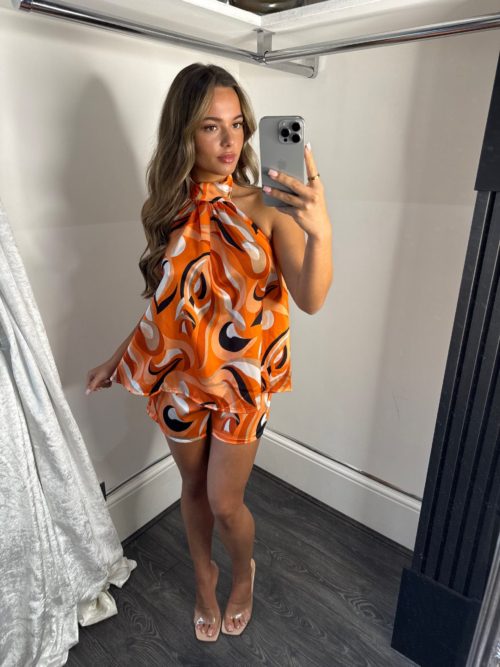 orange halter neck set