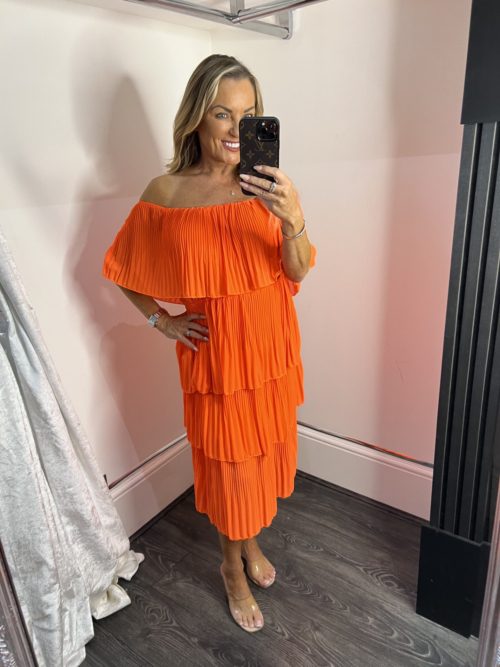 orange pleated dress