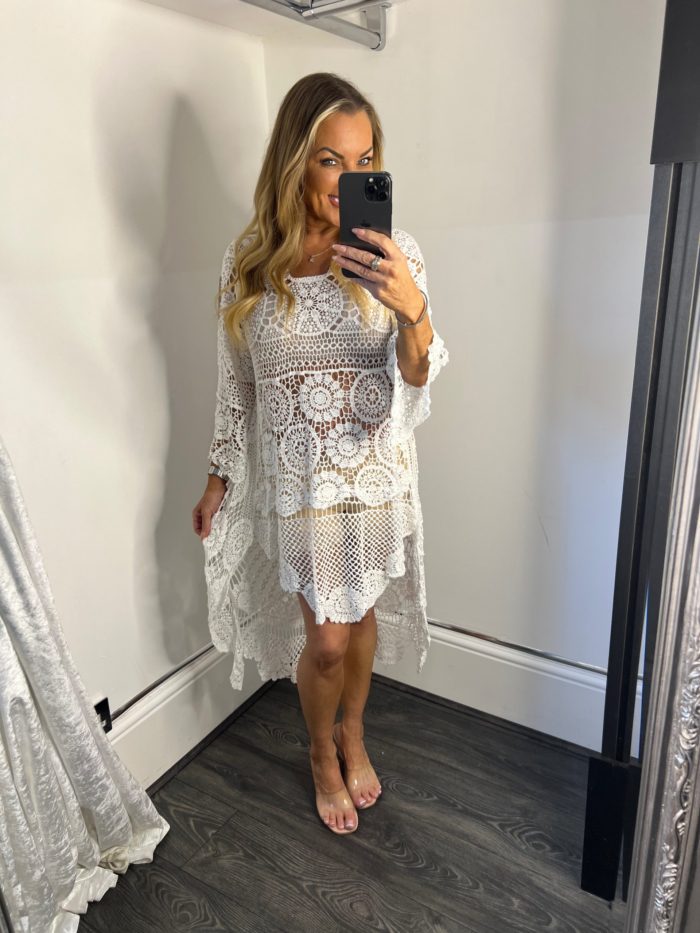 White Crochet Asymmetric Hem Jumper/Dress