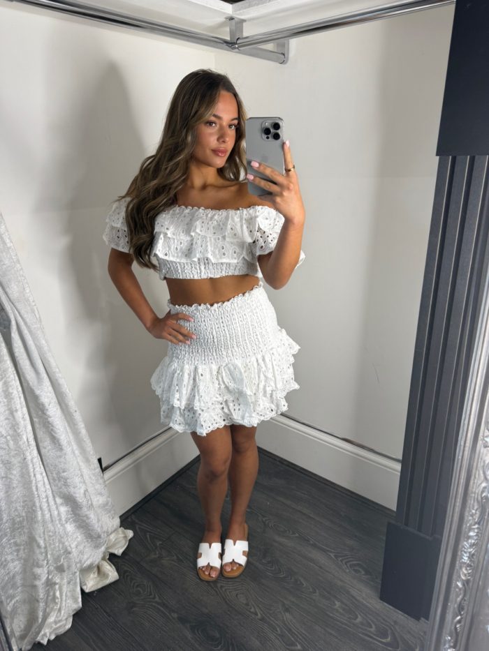 Embroidery Anglaise Bardot Style Top With Ra Ra Skirt