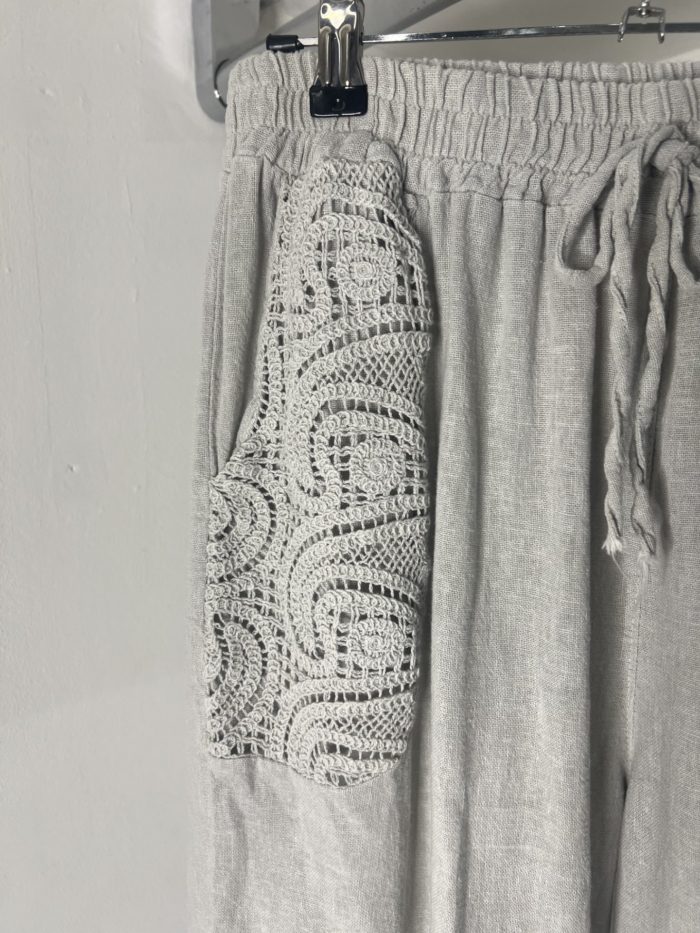 Linen Palazzo Style Trousers With Embroidery Detail Pockets - Image 3
