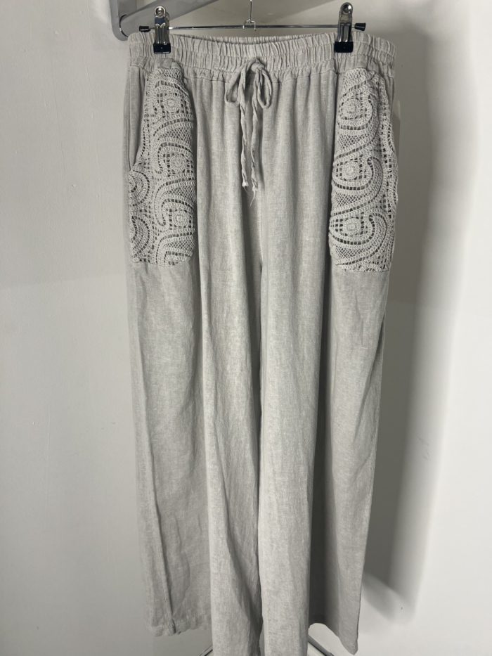 Linen Palazzo Style Trousers With Embroidery Detail Pockets - Image 2