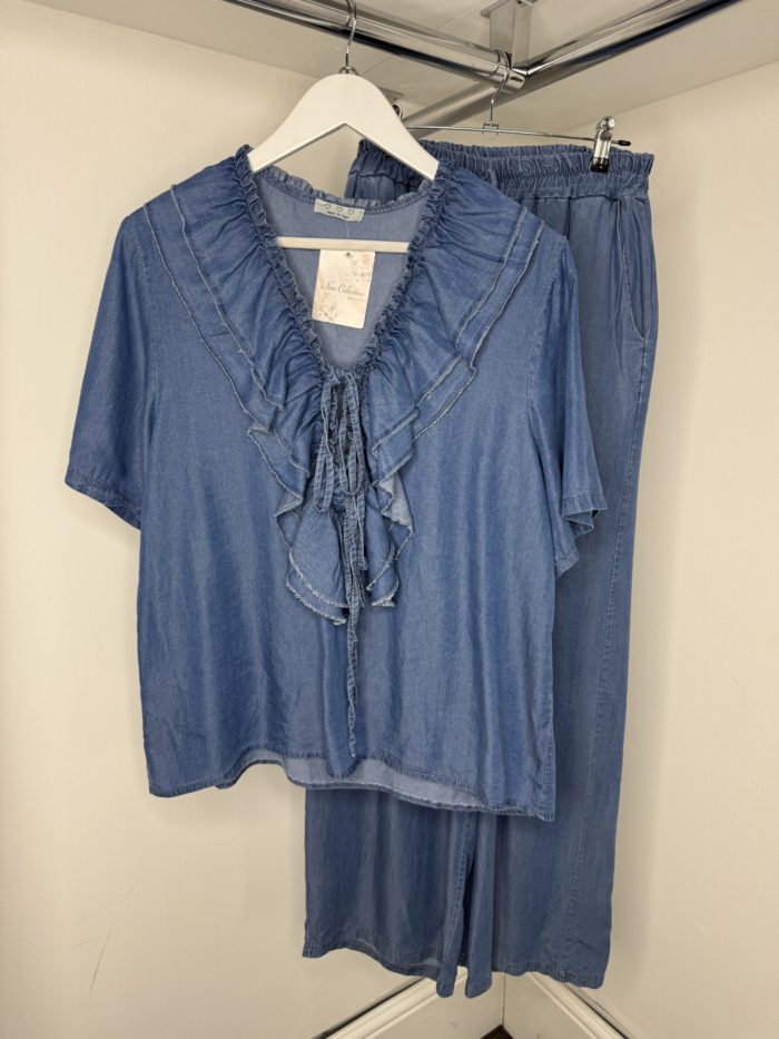 Denim Ruffled Short Sleeve Three Tie Detail Co-ord - Image 2