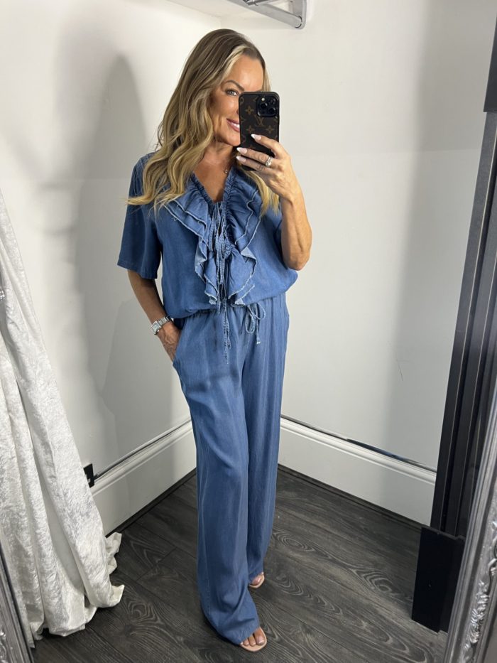 Denim Ruffled Short Sleeve Three Tie Detail Co-ord
