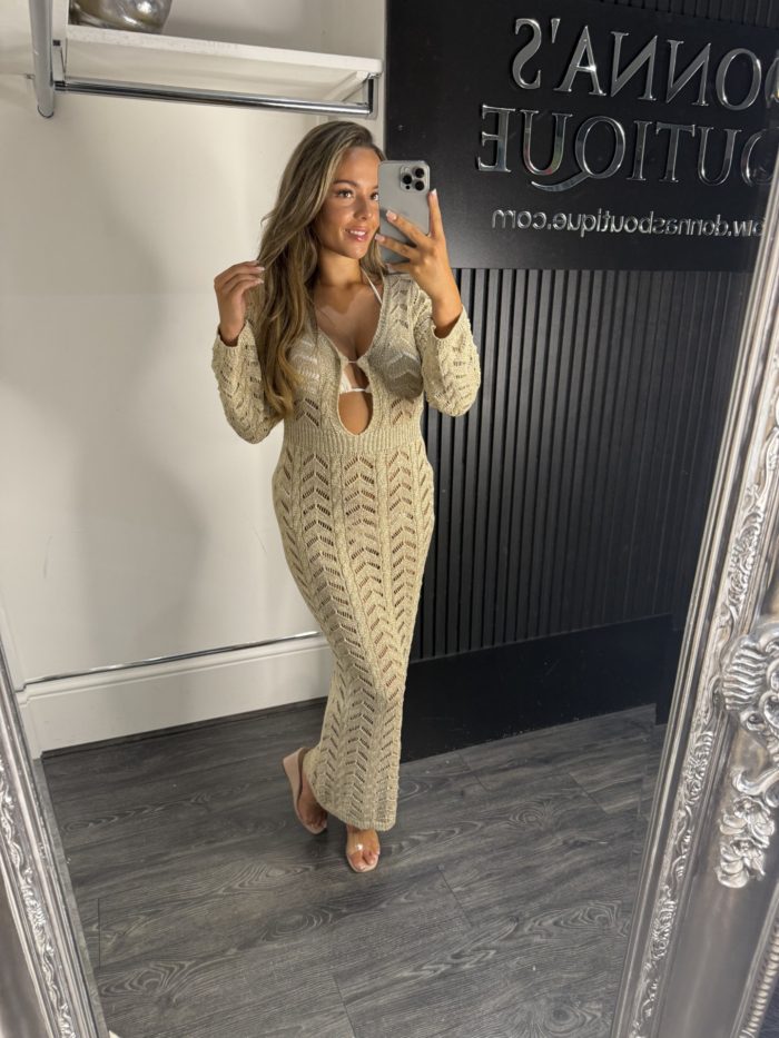Crochet Knit Maxi Dress With Adjustable Broach Detail - Image 2