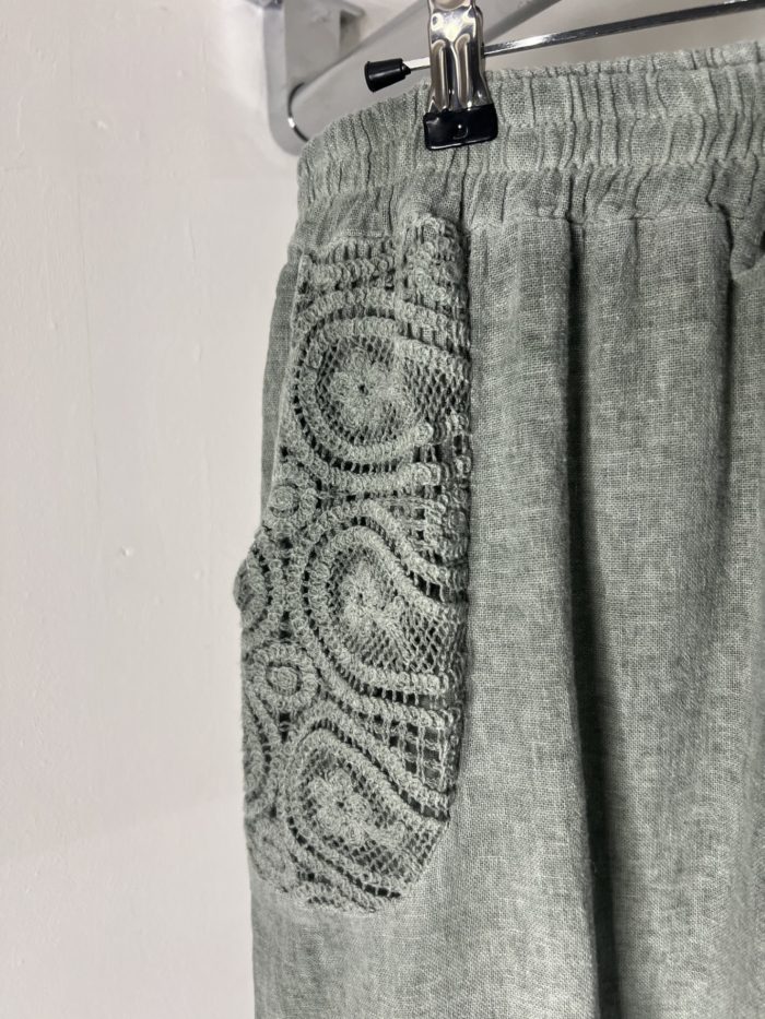 Linen Palazzo Style Trousers With Embroidery Detail Pockets - Image 7