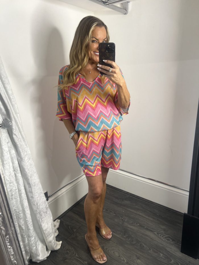 Zig Zag Print Top & Short Set With Satin Bow Detail