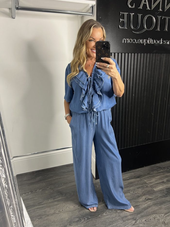 Denim Ruffled Short Sleeve Three Tie Detail Co-ord