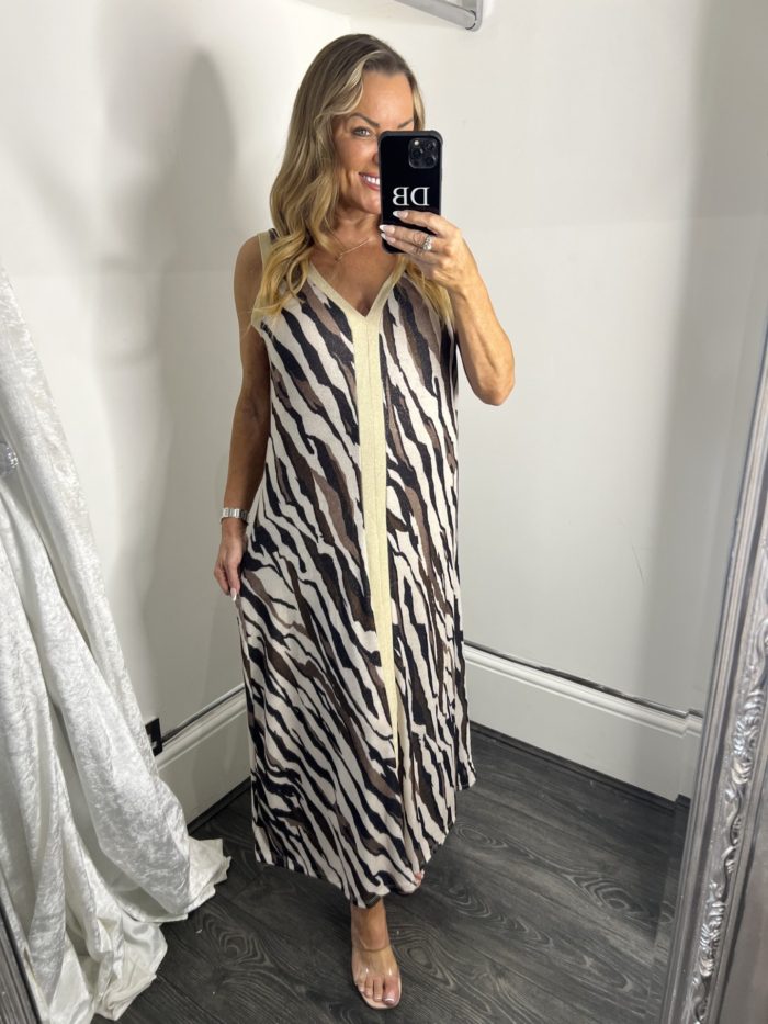 Zebra Print V Neck Maxi Dress With Gold Lurex Detail