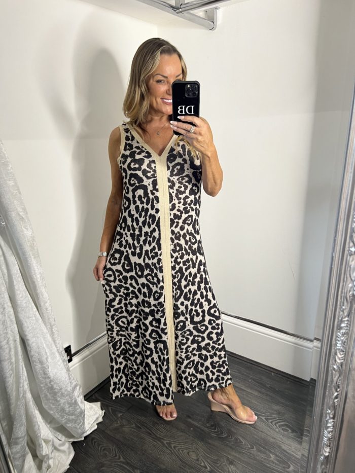 Animal Print V Neck Maxi Dress With Gold Lurex Detail