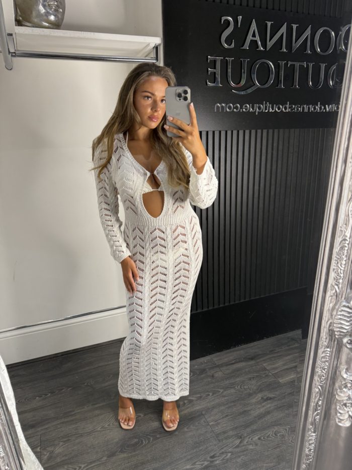 Crochet Knit Maxi Dress With Adjustable Broach Detail