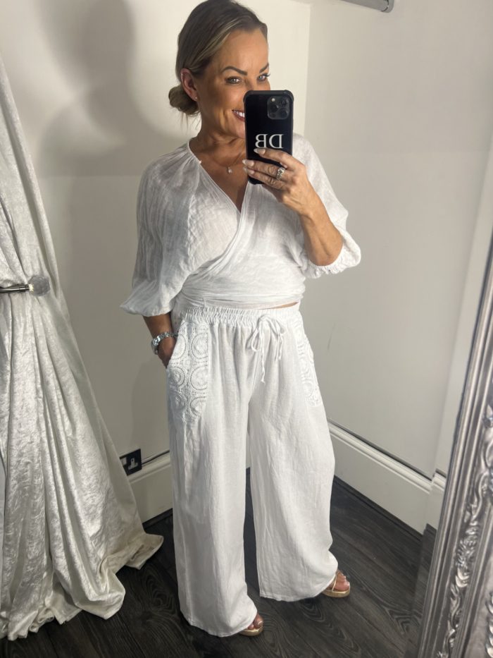Linen Palazzo Style Trousers With Embroidery Detail Pockets