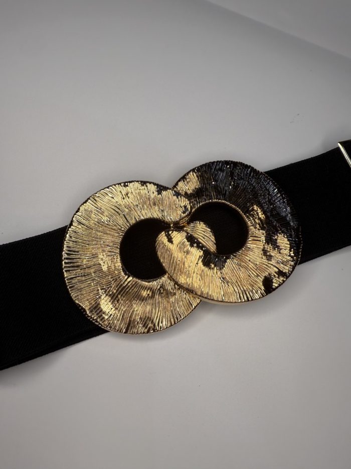 Black Elasticated Belt With Gold Interlock Circle Detail - Image 2