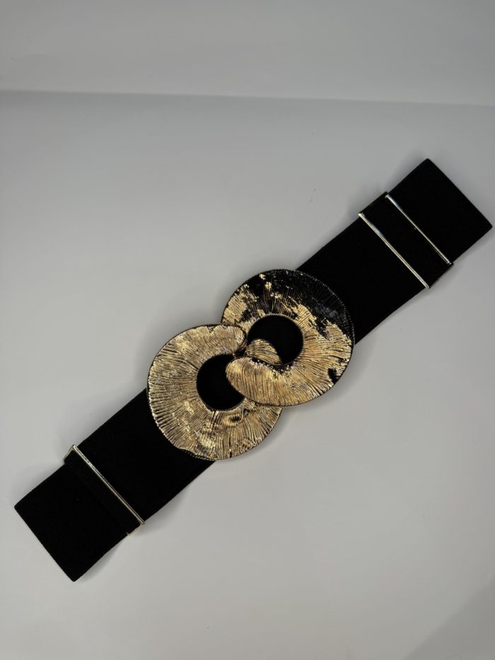 Black Elasticated Belt With Gold Interlock Circle Detail