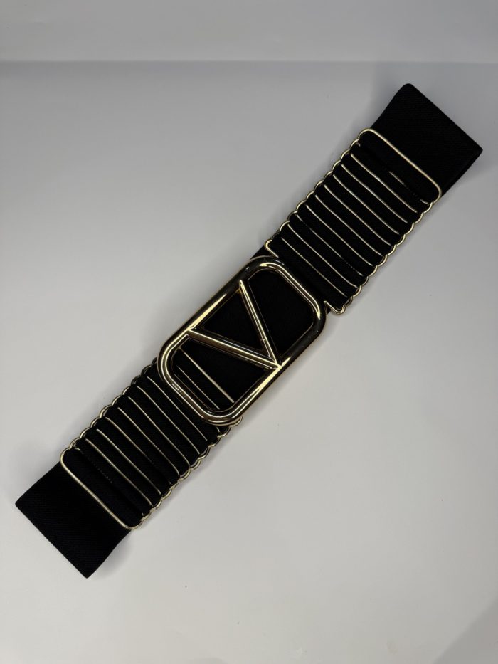 Black Elasticated Belt With Gold V Detail