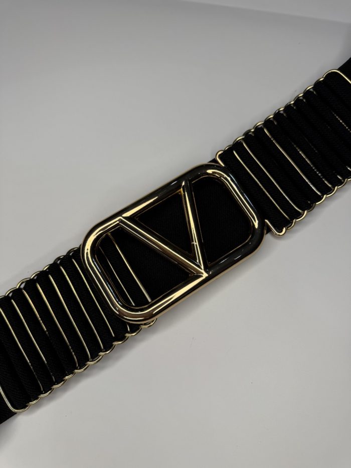 Black Elasticated Belt With Gold V Detail - Image 2