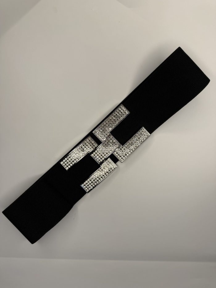 Black Elasticated Belt With Diamante Buckle Detail