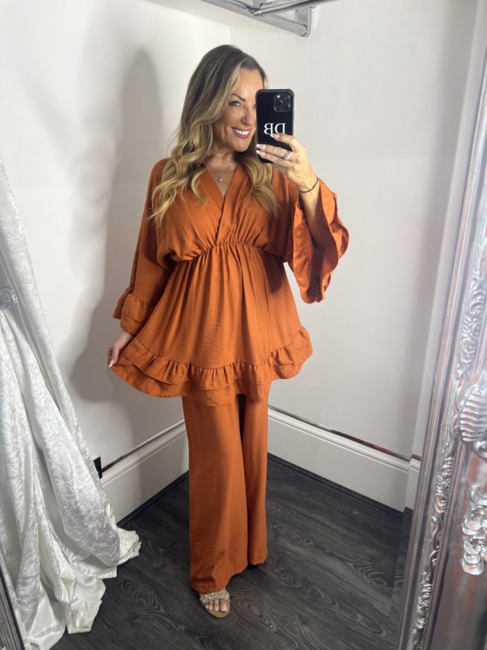 Peplum Style Top And Wide Leg Trouser Set
